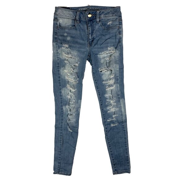 American Eagle Hi-Rise Jeggings Super Stretch Bleached Distressed Light Wash - Picture 2 of 15